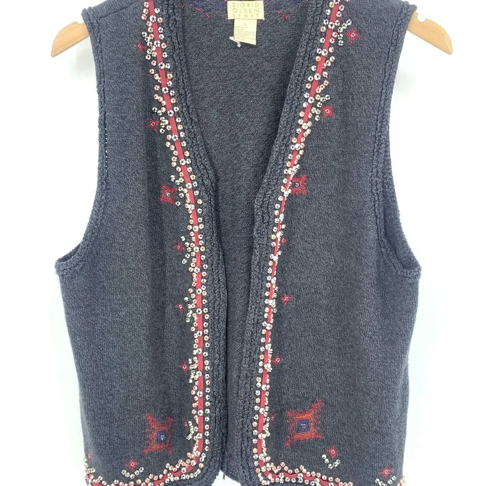 Vintage Sigrid Olsen silk wool blend sweater vest beaded size L